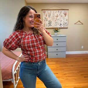 Steven Alan Red Blue Plaid Cotton Puff Sleeve Blouse Top Small